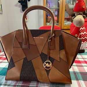 Michael Kors Avril satchel brown patchwork handbag.
